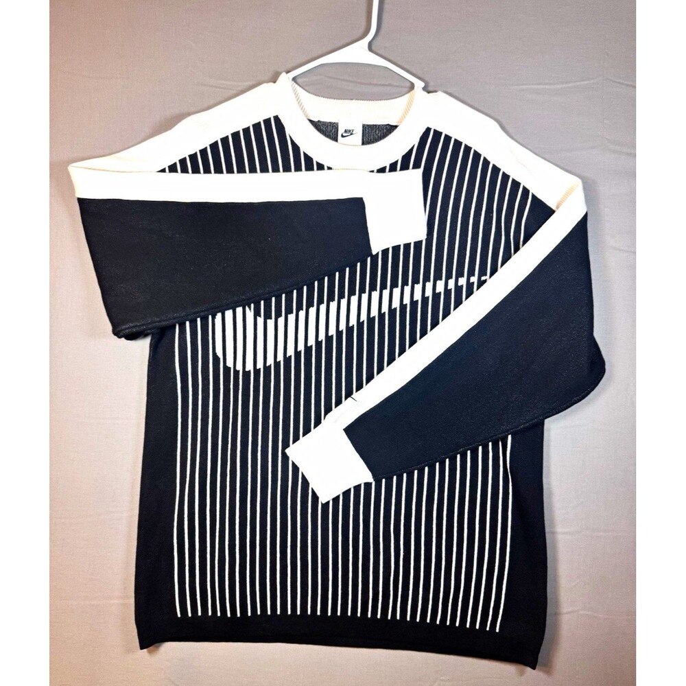 Nike Men Black/White Striped Knit Sportswear Club Jersey Sweater Long Sleeve M